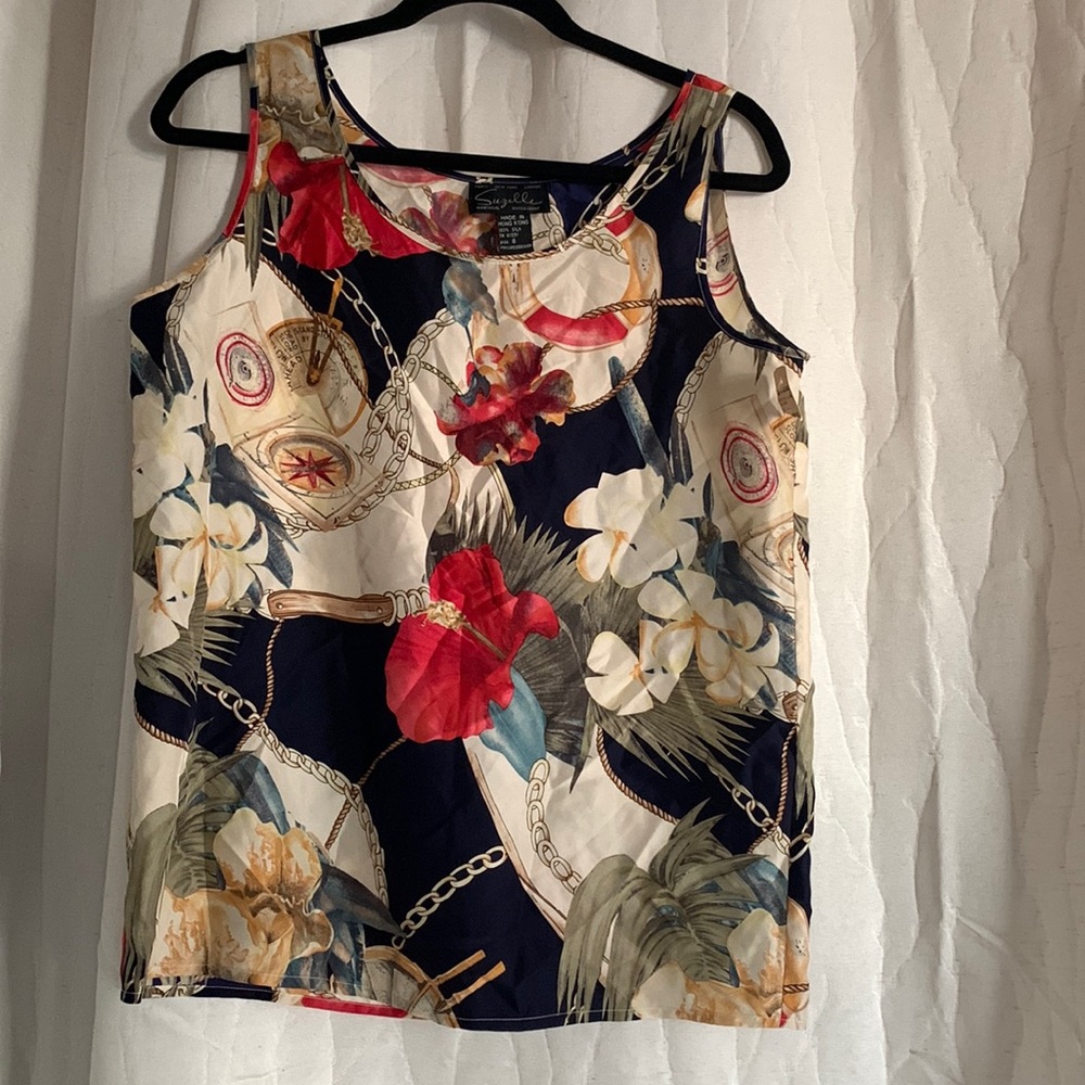 Vintage Suzelle Printed Silk Sleeveless Tank Top 8